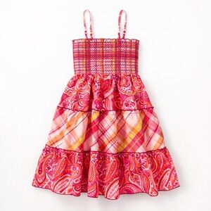 Youngland Pink Orange Plaid Paisley Tiered Boho Bead Detail Spring Dress Girls 6